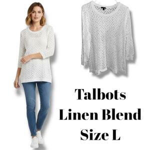Talbots Linen Blend Chevron Pattern White Knit Sweater Preppy Women’s Size Large